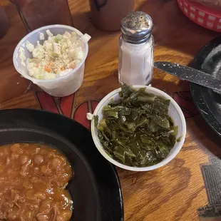 1/2 rack sides; Baked Beans, Collard Greens, coleslaw