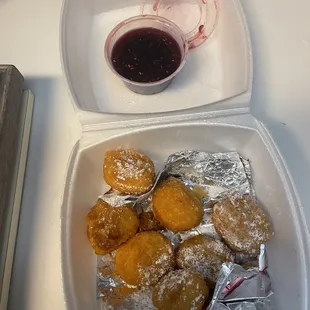 Fried Corn Fritters w/ Raspberry Sauce