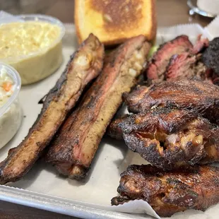 3 meats: pork spare ribs, smoked chicken wings, brisket