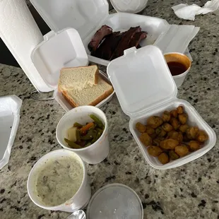 Fried okra, green beans, potato salad and, ribs.