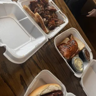 Rib ends, chicken quarter, baked beans, potato salad, and hot dog