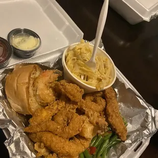 Platter with fried catfish, shrimp, green beans, and Mac and cheese