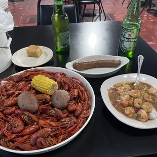 3lbs crawfish plate, sausage, shrimp etouffee