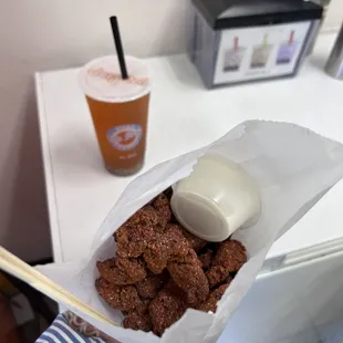 6/16/2023 Flamin Hot Popcorn Chicken with cream cheese dip + Guava Passion