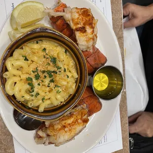 Two lobster tails with Mac and cheese. Around $16 Mac and cheese could use more seasoning but still good.