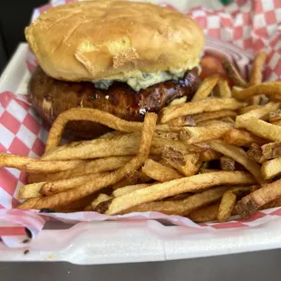 Portobello Burger. 1/2 pound steak burger topped with a portobello cap and our spinach and 3 cheese blend.