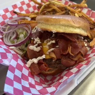 Bacon Beast! 1/2 pound steak burger, 1/2 pound of bacon. Topped with a garlic aioli, it's definitely a Beast!