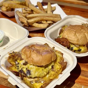 2 Cheeseburgers, zucchini&apos;s, and 1/2 pound fries