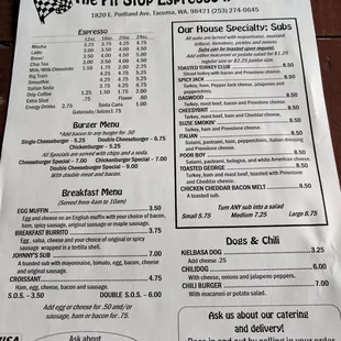 the menu for the pit stop espresso deli