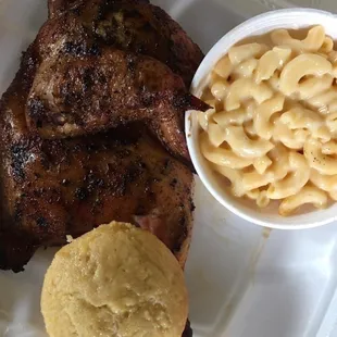 Half Chicken with cornbread and Mac and cheese