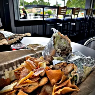 pita chips and a sandwich