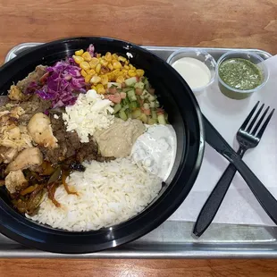 Protein: Chicken, beef, gyro Sauces: Garlic, Basil Chimichurri