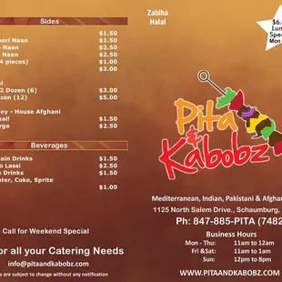 Pita and Kabobz Front Menu