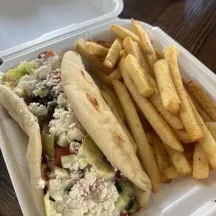 Steak and lamb pita with fries