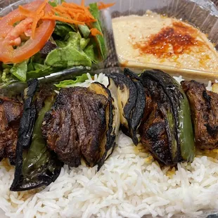 Shish Kabob plate with hummus, rice and salad