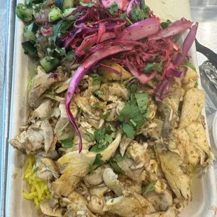 Cooked Chicken Shawarma, hummus, rice, Tomato &amp; Cucumber Salad, Red Cabbage Slaw,