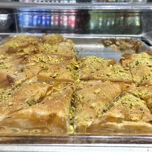 A big tray of Baklava at the ordering counter