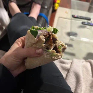 a person holding a pita sandwich