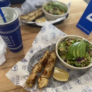 Greek salad with chicken kabob + cucumber lemonade!