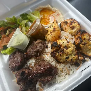 2 skewer (chicken &amp; beef) kabob plater, rice, hummus, salad