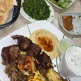 Chicken and Beef Kabob Platter with Tabbouleh Salad and Extra Tzakziki Sauce and Pita Bread Chips!