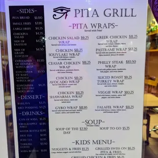 Menu, 2 of 2. Pita wraps, soup, kids menu, sides, desserts, drinks.