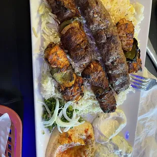 Meat Combo (Combination of beef kafta, chicken kabob, and lamb kabob, with rice and hummus)