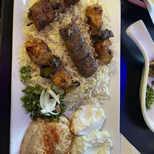 Meat Combo (combination of beef kafta, chicken kabob, and lamb kabob, with rice and hummus)