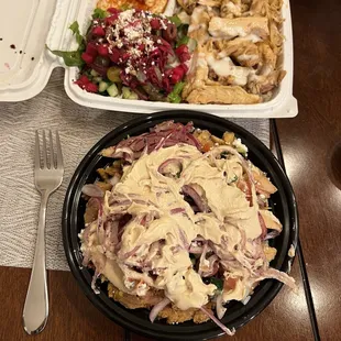 Chicken Schwarma plate and a "Large" Chicken Schwarma bowl.  Both $16.