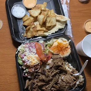 Beef Tri-tip &amp; Lamb plate with a side of hummus &amp; salad.