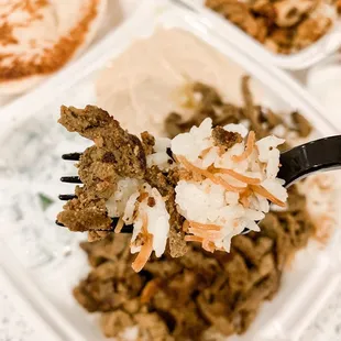 a fork full of meat and rice