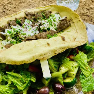 Beef Gyro served fresh greens &amp; house vinaigrette