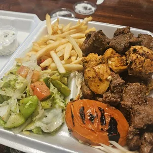 3 meat skewers:  lamb, chicken, beef