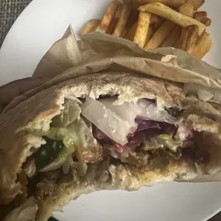 Lamb sandwich with fries.