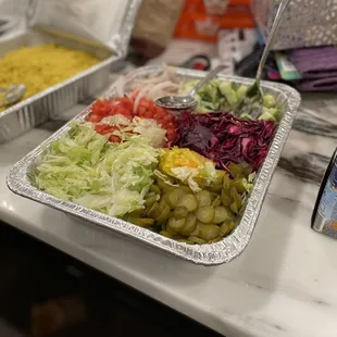 a variety of food items on a counter