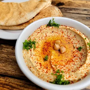 Hummus and pita bread.