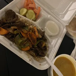 Beef shawarma and lentil soup