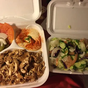 Chicken shawarma platter (chicken &amp; rice, hummus, vegetables and salad)