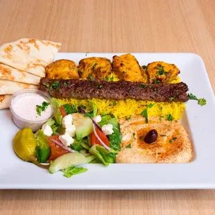 Plate with Combo Kabobs, Rice, Greek Salad and Hummus