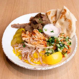 Rice Bowl with Chicken Shawarma and Gyros