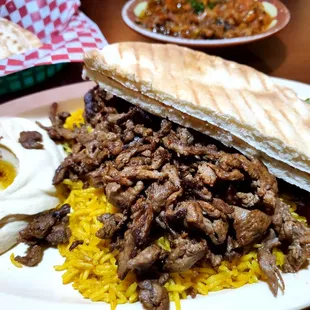 Lamb &amp; Beef Shawarma Platter (Rice, Lamb, &amp; Beef With Hummus) Pita Bread &amp; Pita Salad