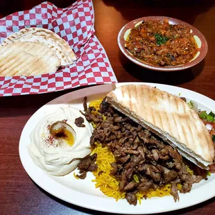 Lamb &amp; Beef Shawarma Platter (Rice, Lamb, &amp; Beef With Hummus) Pita Bread &amp; Pita Salad With Spicy Grilled Salsa