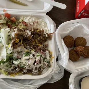 Lamb and Rice bowl and 6 piece Falafel