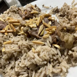 a plate of rice and meat