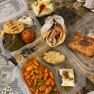 Gemista, tzatziki, chicken gyro, honey feta and gigantes