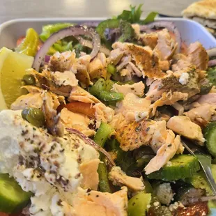Greek Salad with Salmon. Ahhhhhmazing