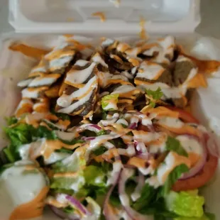 Take away Beef Shawarma platter w/fries. Not too spicy. A nice 'zing'.