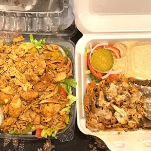 a chicken salad and a salad in a styrofoam container