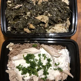 Chicken with molokhia, and chicken with ground beef rice and yogurt