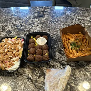 Lemon rice soup, Crispy chicken bowl, falafel, and fire fries